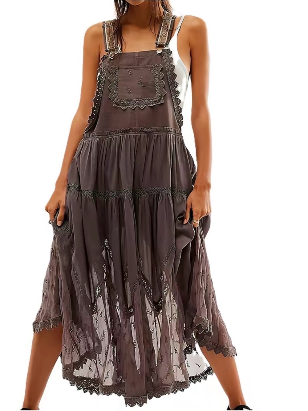 Ebossy Chocolate Brown Maxi Dress with Embroidered Bib, Lace Detail, Size XL - Picture 2 of 9